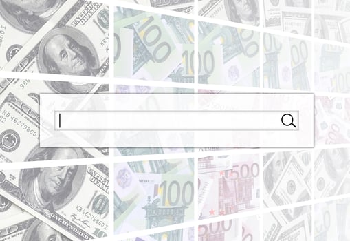 The search string is located on top of collage of many images of euro banknotes in denominations of 100 and 500 euros lying in the heap photo