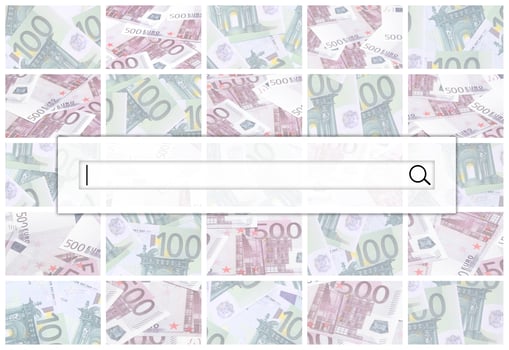 The search string is located on top of collage of many images of hundreds of dollars and euro bills lying in a pile photo