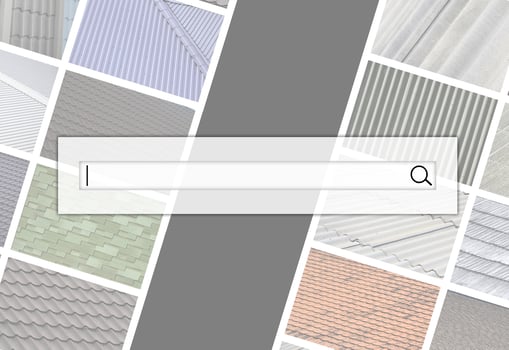 Visualization of the search bar on the background of a collage of many pictures with fragments of various types of roofing. Set of images with roofs photo