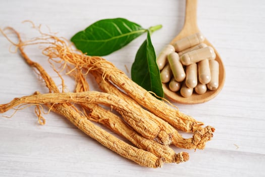 Lingzhi or Reishi mushroom with capsules, organic natural healthy food. photo