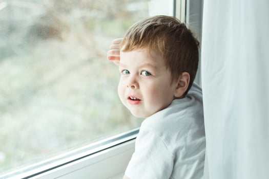 little boy looking out the window, copy space photo