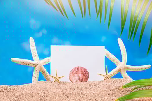 White and yellow starfish, sea shell with sheet of paper and palm trees on sand. Vacation, travel concept, holiday. Copy space photo