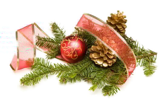 Christmas Ornaments, Pine Cones, Red Ribbon and Pine Branches on White photo