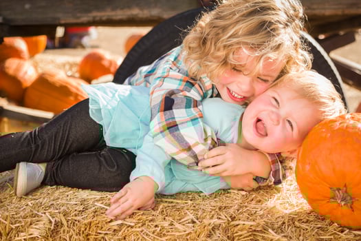 Little Boy Playing with His Baby Sister at Pumpkin Patch photo
