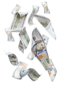 Randomly Falling 100 Bills on White photo