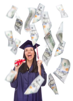 Female Graduate Holding 100 Bills with Many Falling Around Her photo