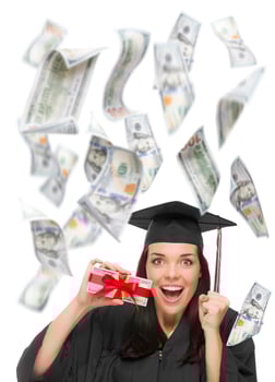 Female Graduate Holding 100 Bills with Many Falling Around Her photo