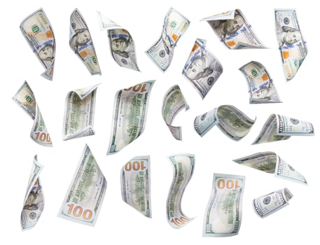 Set of Falling or Floating 100 Bills Each Isolated photo