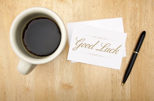 Good Luck Note Card, Pen and Coffee photo