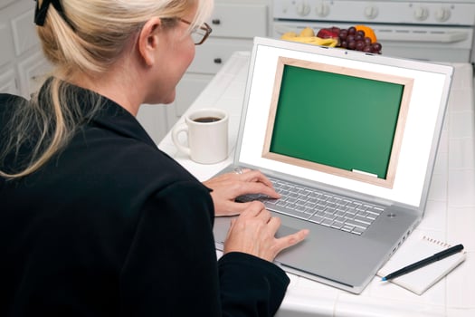 Woman In Kitchen Using Laptop - Chalkbaord photo