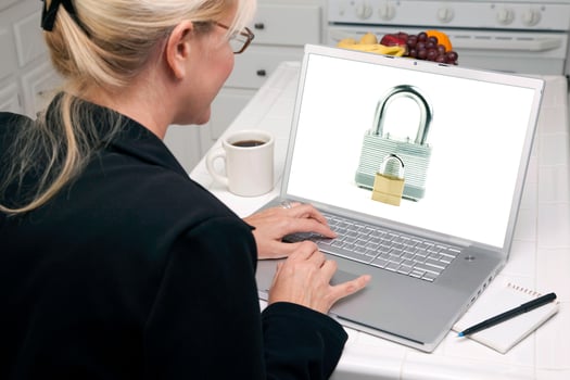 Woman In Kitchen Using Laptop - Security photo