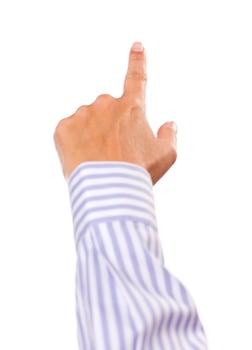 Hand of Woman Pointing or Pushing Button on White photo