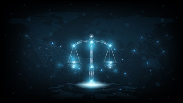 Internet law concept design.Cyber Law as digital legal services Labor law, Lawyer, on Dark Blue blurred background. photo