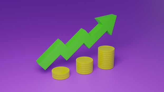 3D money coin stacks and green arrow up on purple background. coin stack growing business concept, 3d money render for finance, investment, money earning growth illustration concept photo