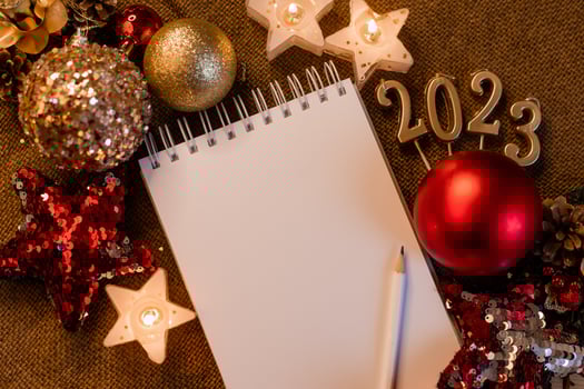 notebook with blank pages with New Year's toys, gifts and numbers 2023. Plans and dreams for the New Year, space for text photo