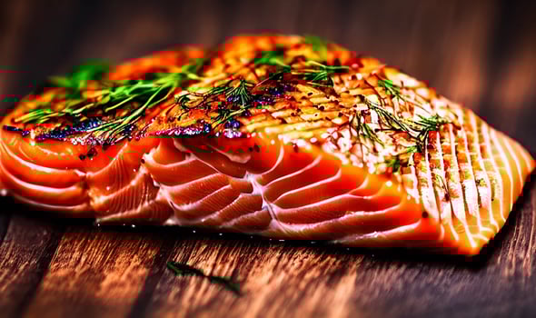 Grilled salmon. Healthy food baked salmon. Hot fish dish. photo
