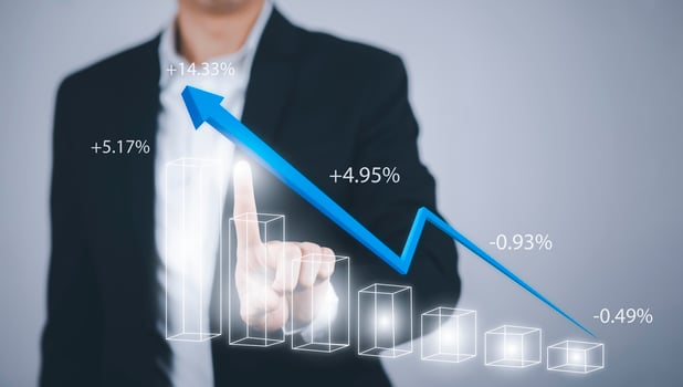 Businessman hand touching arrow virtual screen business graph on the black background, sales data analysis, Modern technology business people choose with finger analytical diagram with big data. photo
