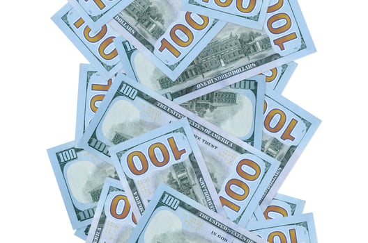 100 US dollars bills flying down isolated on white. Many banknotes falling with white copyspace on left and right side photo