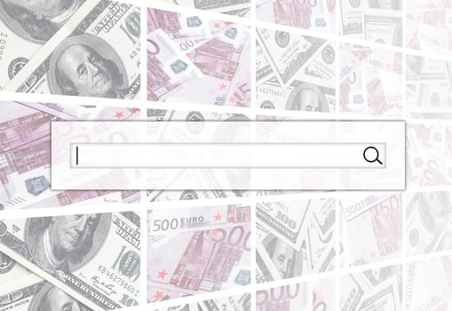 The search string is located on top of collage of many images of euro banknotes in denominations of 100 and 500 euros lying in the heap photo