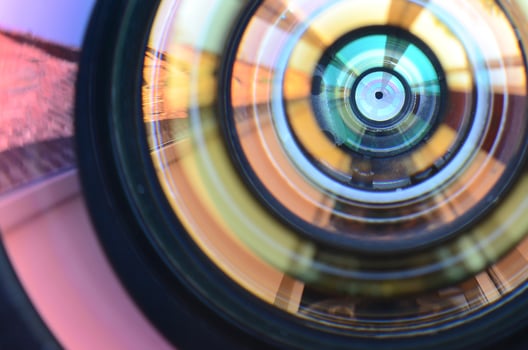 Photo Camera lens close up macro view. Concept of photographer or camera man job