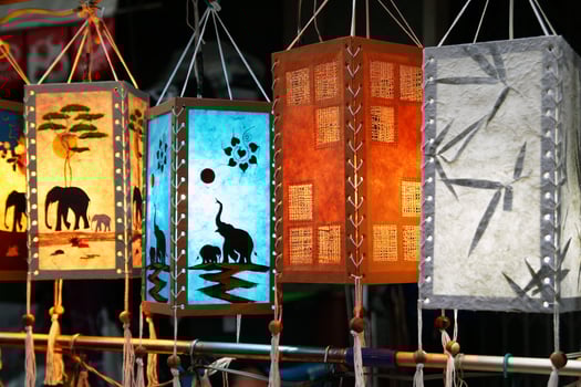 Traditional Thai colorful wooden lanterns at the night market. Chiang Mai, Thailand. photo