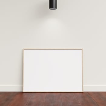 Minimal poster picture frame mockup leanings against the white wall. Blank frame mockup. Clean, modern, minimal frame. 3d rendering. photo