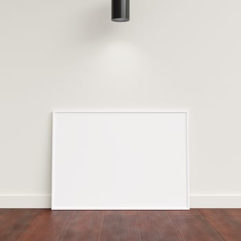 Minimal poster picture frame mockup leanings against the white wall. Blank frame mockup. Clean, modern, minimal frame. 3d rendering. photo