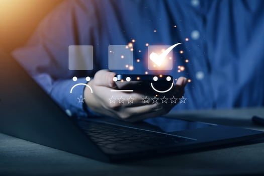 Customer service and Satisfaction concept, Business people touching the virtual screen on the happy Smiley face icon to give satisfaction in service. rating very impressed. photo