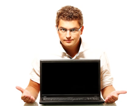 Young worker presenting a laptop photo