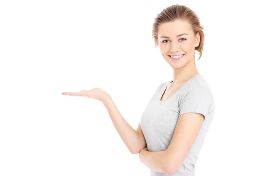 Happy woman presenting your product photo