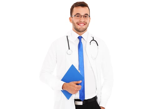 Handsome young doctor holding a folder photo