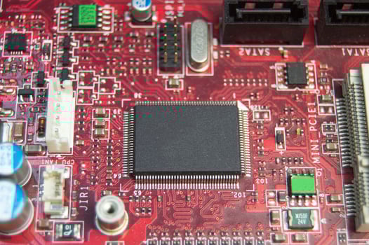 Close-up top view of motherboard, computer motherboard photo