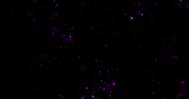 Abstract dark blue purple frame with flying glittering digital hi-tech particles with blur effect and bokeh on black background. Screensaver beautiful photo