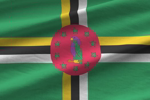 Dominica flag with big folds waving close up under the studio light indoors. The official symbols and colors in banner photo