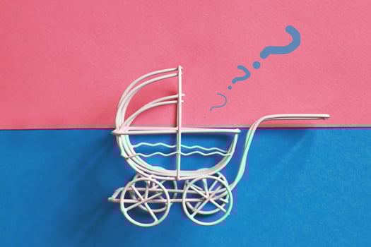 vintage baby stroller on pink and blue background. Boy or girl question photo