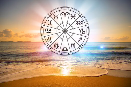 Zodiac signs inside of horoscope circle. Astrology in the sky with many stars and moons  astrology and horoscopes concept photo