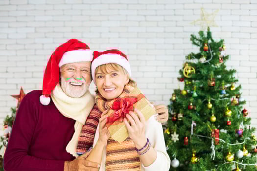 Happy smiling senior caucasian couple celebrating Christmas together while showing their present in happiness and excitement at home with Santa hat and christmas tree photo