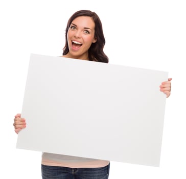 Beautiful Mixed Race Female Holding Blank Sign on White photo