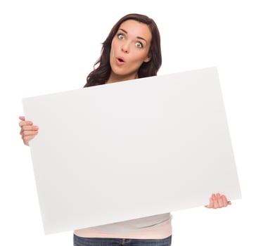 Wide Eyed Mixed Race Female Holding Blank Sign on White photo