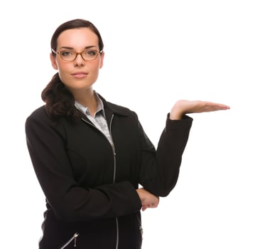 Confident Mixed Race Businesswoman Gesturing with Hand to the Side photo