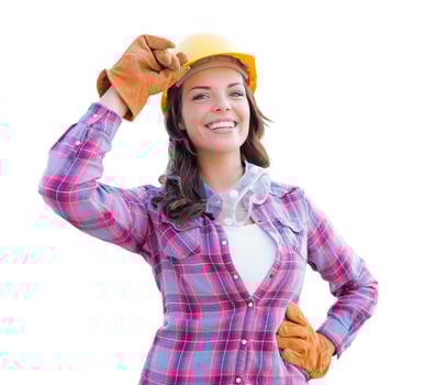 Female Construction Worker Wearing Gloves, Hard Hat and Protective Goggles Isolated on White photo