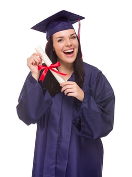 Mixed Race Graduate in Cap and Gown Holding Her Diploma photo