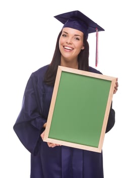 Mixed Race Female Graduate in Cap and Gown Holding Chalkboard photo