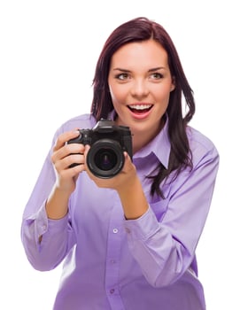 Attractive Mixed Race Young woman With DSLR Camera on White photo