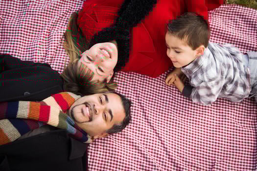 Family in Winter Clothing Laying on Their Backs in Park photo