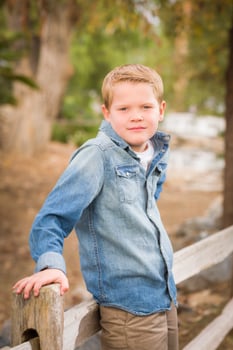Handsome Young Boy Against Fence in Park photo