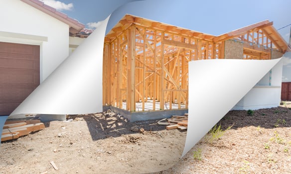 House Construction Framing with Page Corners Flipping to Completed House Behind photo