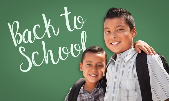 Hispanic Boys Wearing Backpacks In Front of Back To School Written On Chalk Board photo