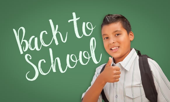 Thumbs Up Hispanic Boy in Front of Back To School Chalk Board photo