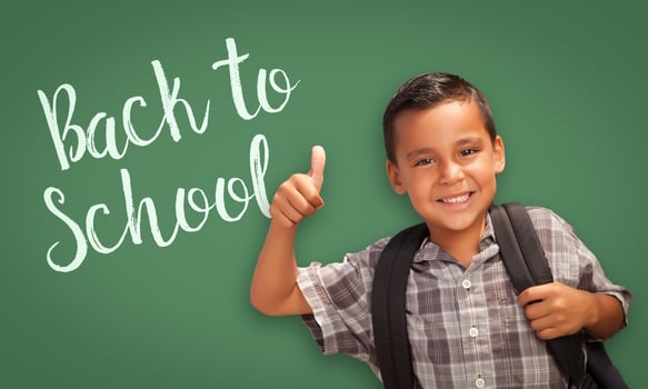 Thumbs Up Hispanic Boy in Front of Back To School Chalk Board photo